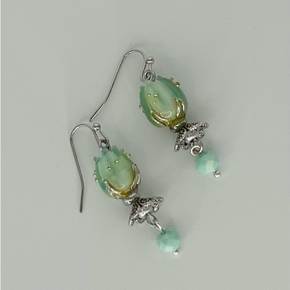 Hand Crafted Jewelry - Green and Silver Tone Glass Tulip Earrings with Sterling Silver Ear Wires